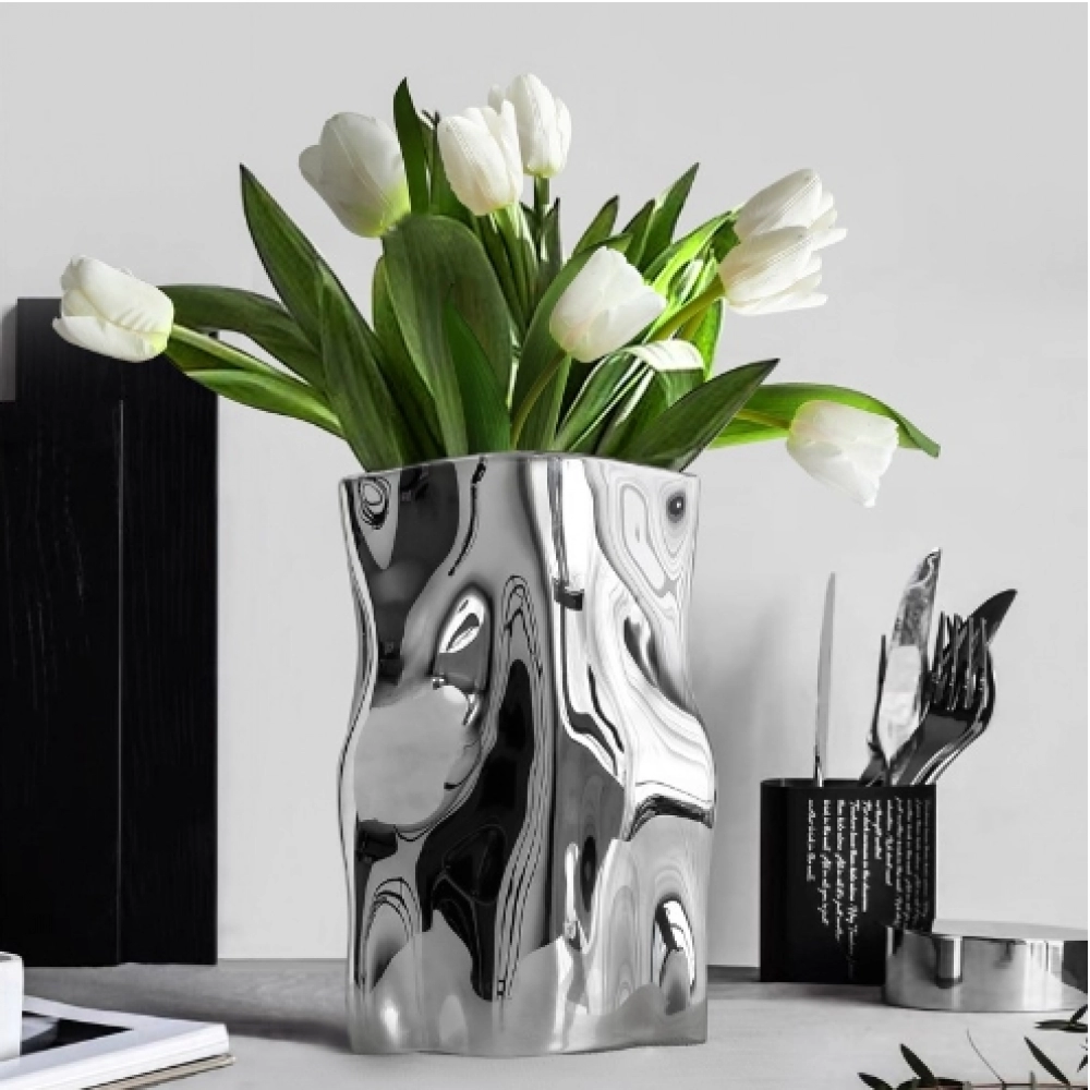 Light luxury and high-end electroplated silver ceramic vase decorations, flower arrangement, living room, dining table, home decoration, creative flower set